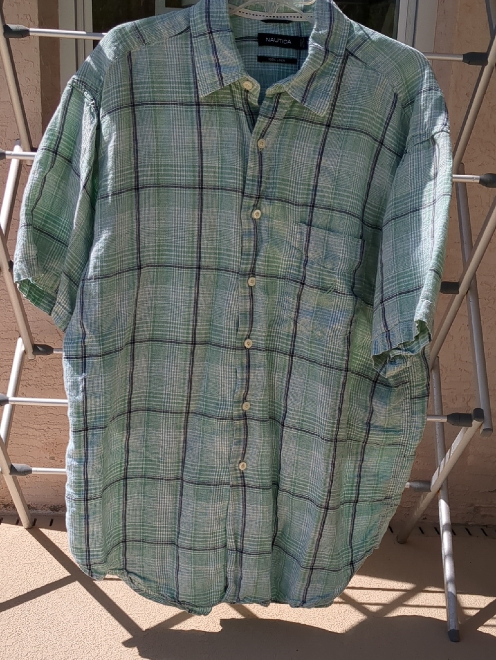 Nautica Men's Short-Sleeve Plaid Button-Down Shirt in Light Green and Blue
